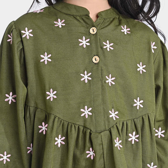 Girls Cotton Slub Emb Top-Rifle Green