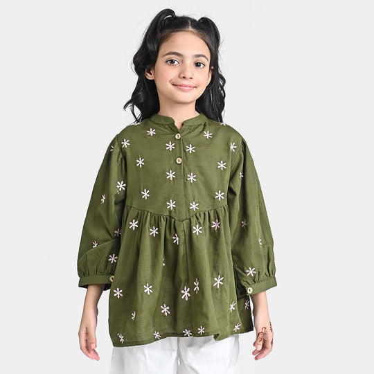 Girls Cotton Slub Emb Top-Rifle Green