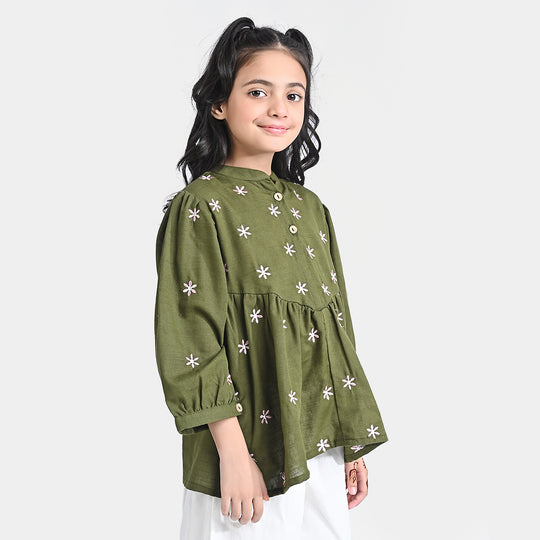 Girls Cotton Slub Emb Top-Rifle Green