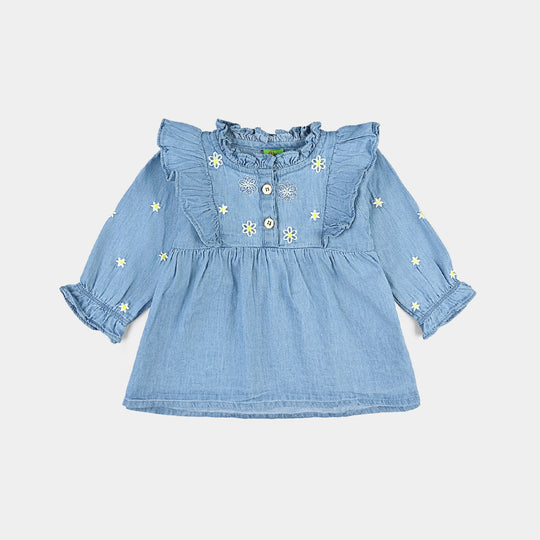 Infant Girls Tensile Denim (Light Denim) Emb Top Daisy Flowers-Blue