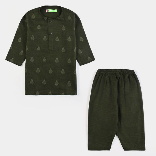 Infant Boys Cotton Slub Shalwar Suit (Monotone)-Green