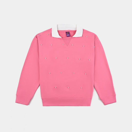 Girls Cotton Terry Sweatshirt Pearls-Hot Pink