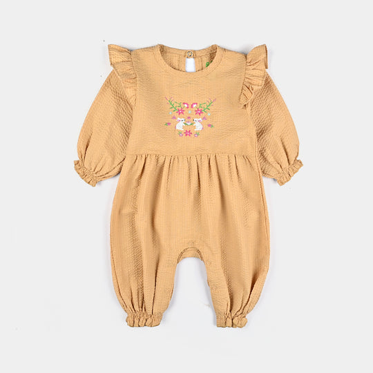 Infant Girls Seer Sucker Romper EMB Rabbit - Mustard