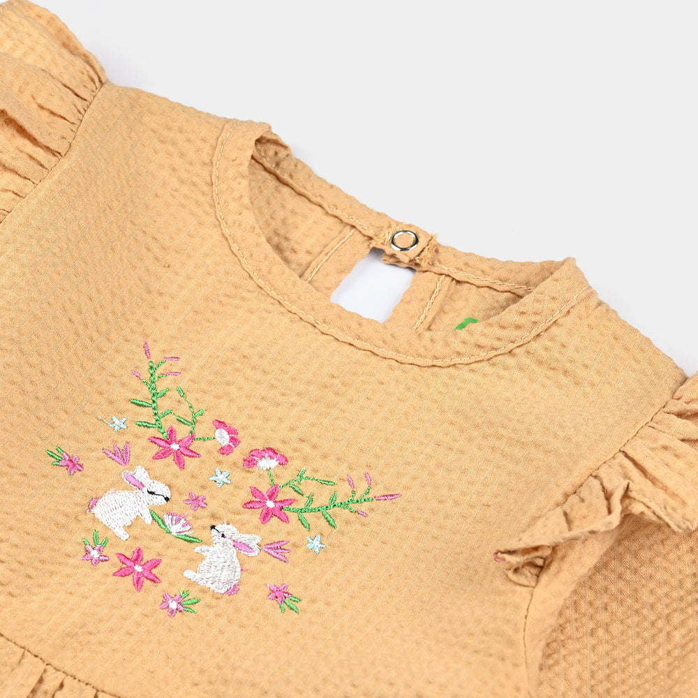 Infant Girls Seer Sucker Romper EMB Rabbit - Mustard