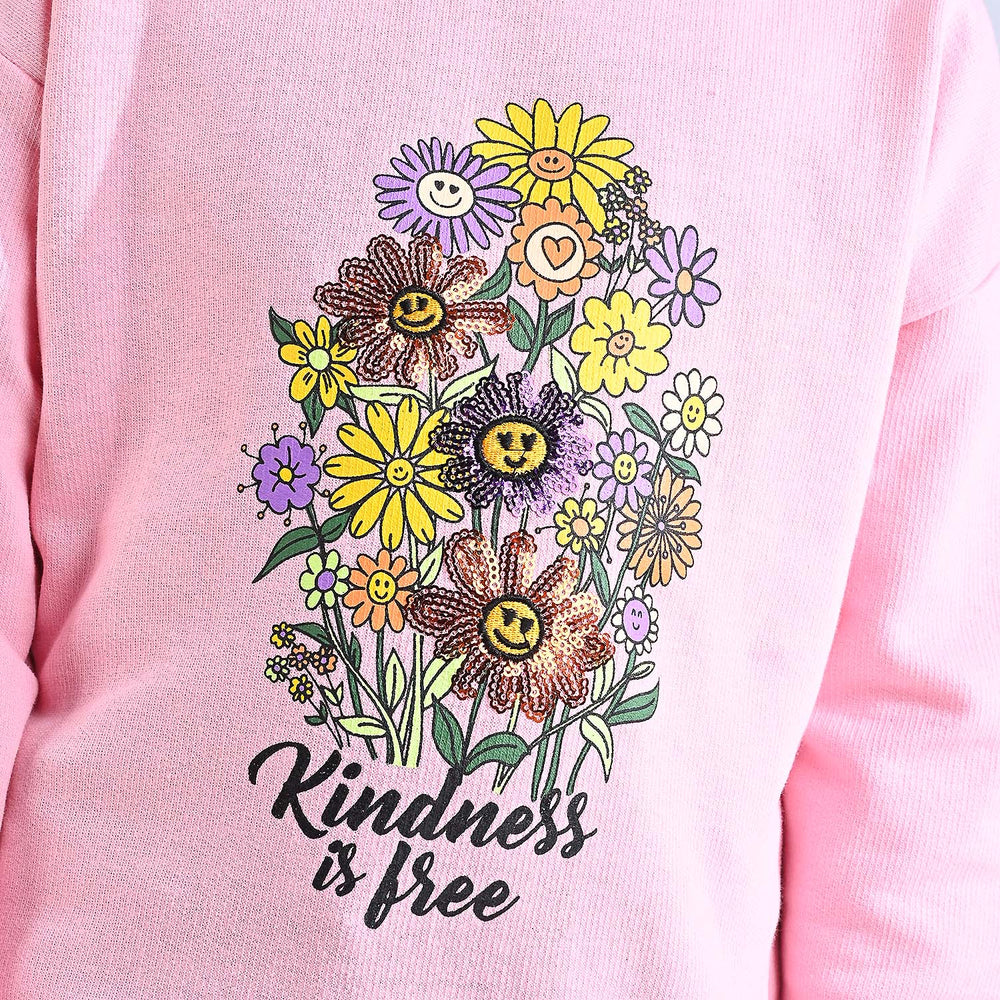 Girls Cotton Terry Sweatshirt Kindness Is Free-Pink