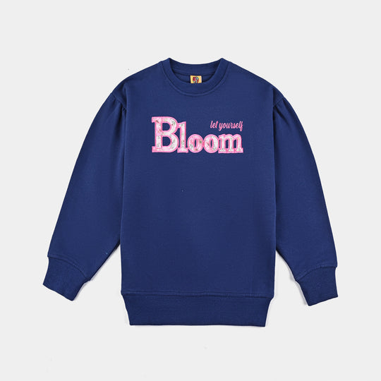 Girls Cotton Terry Sweatshirt Let Your Self Bloom-Navy Blue