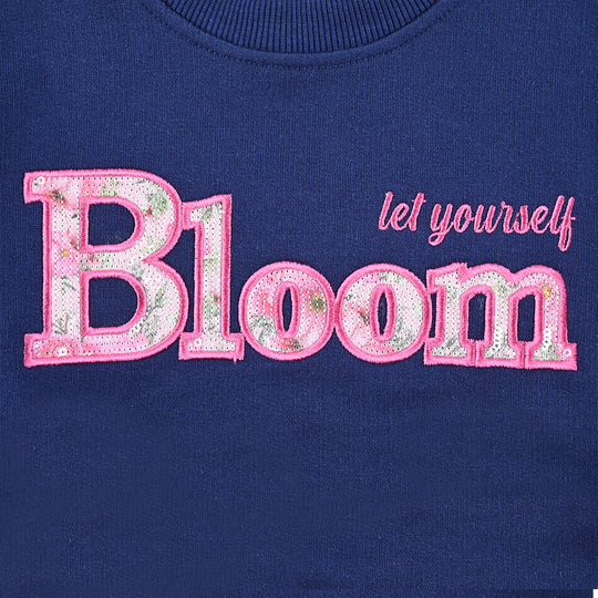 Girls Cotton Terry Sweatshirt Let Your Self Bloom-Navy Blue