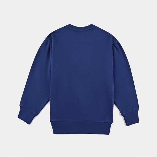 Girls Cotton Terry Sweatshirt Let Your Self Bloom-Navy Blue