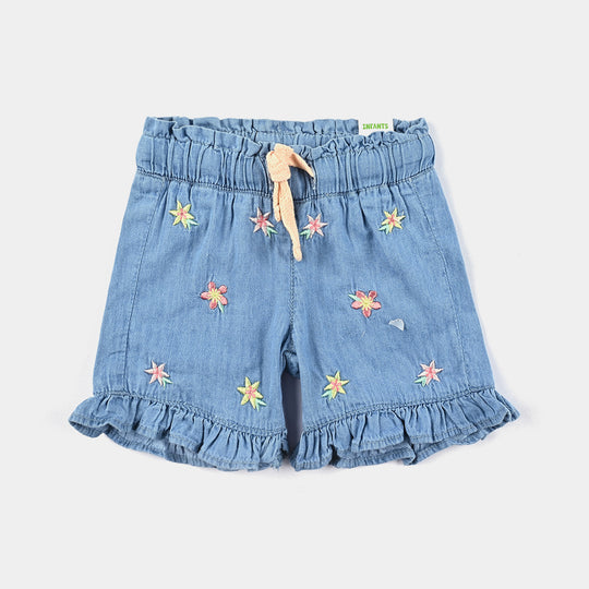 Infant Girls Denim Short Flowers-Ice Blue