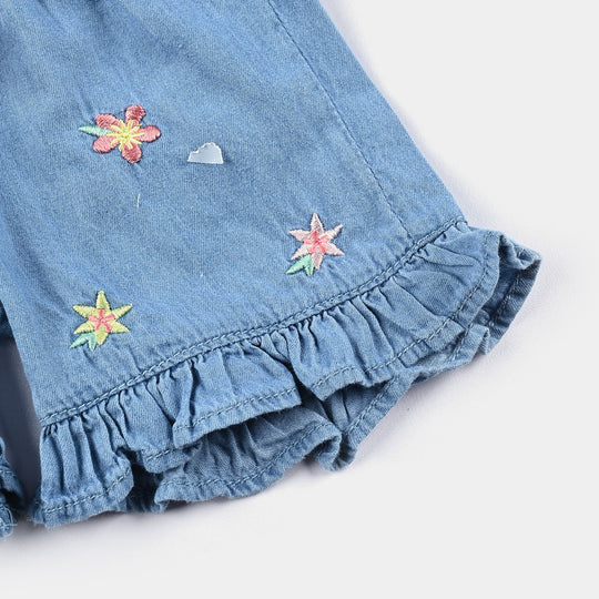 Infant Girls Denim Short Flowers-Ice Blue