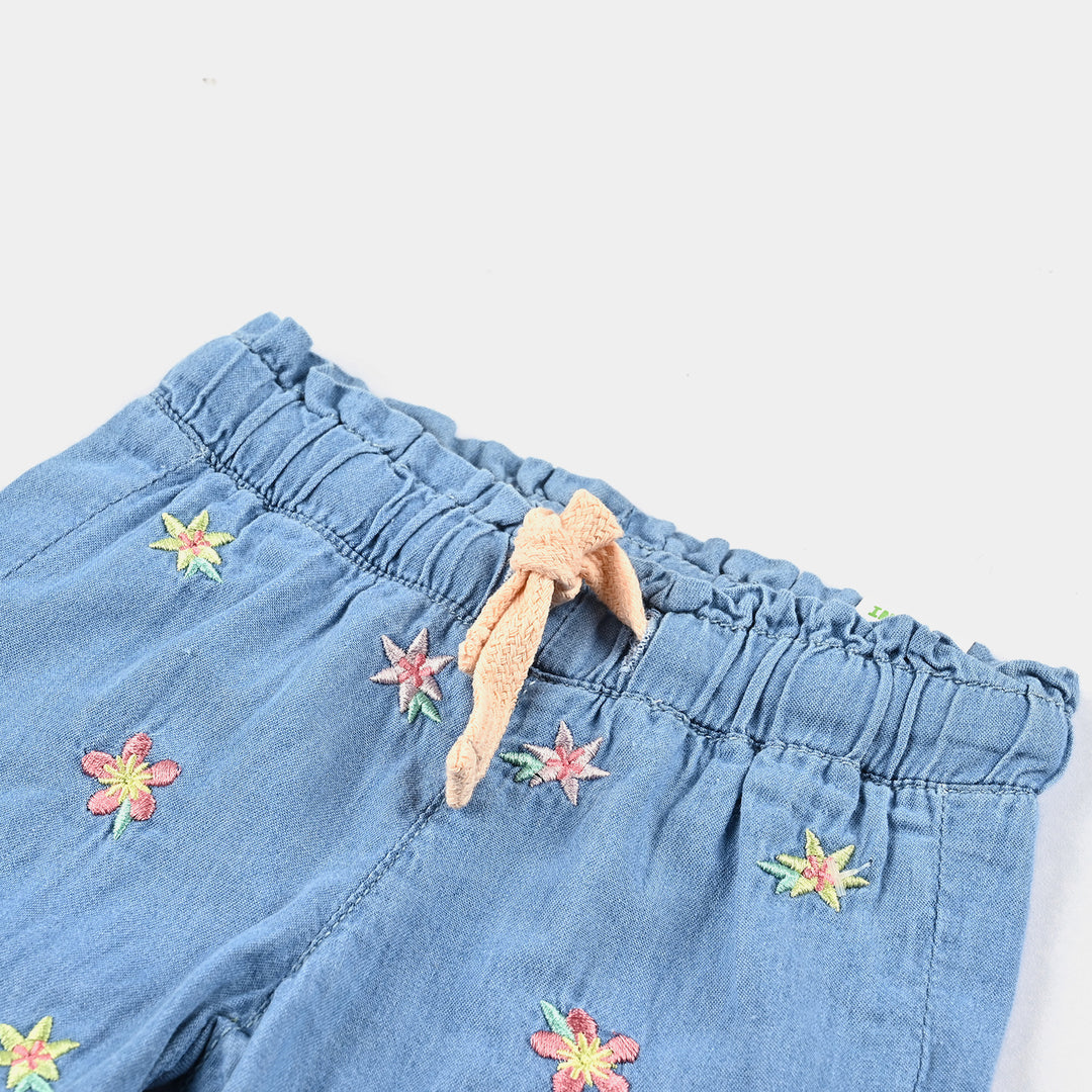 Infant Girls Denim Short Flowers-Ice Blue