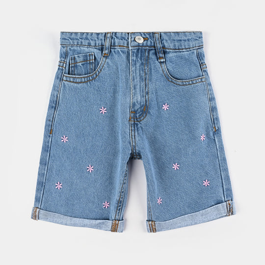 Girls Denim Short Pink Flower-Light Blue