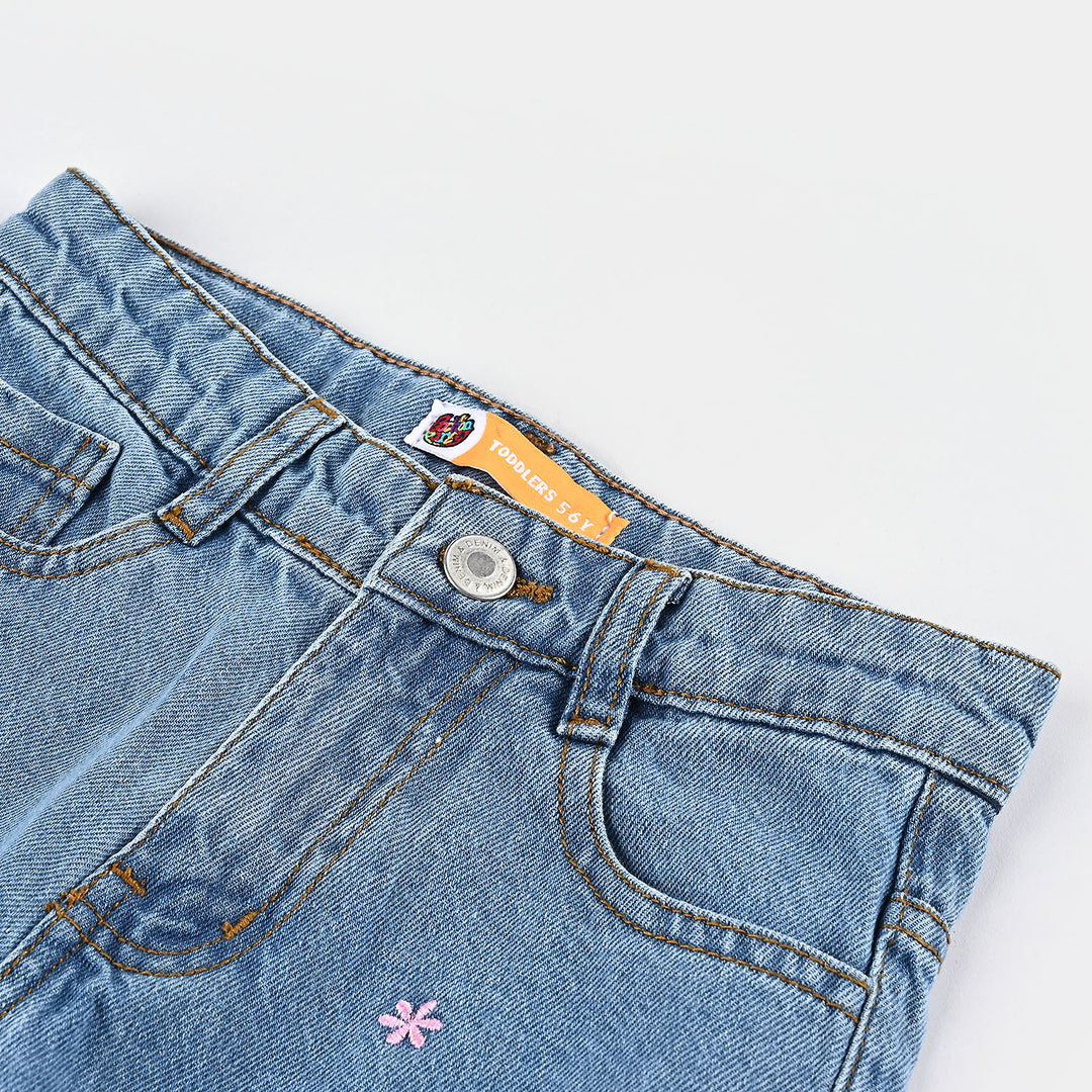 Girls Denim Short Pink Flower-Light Blue