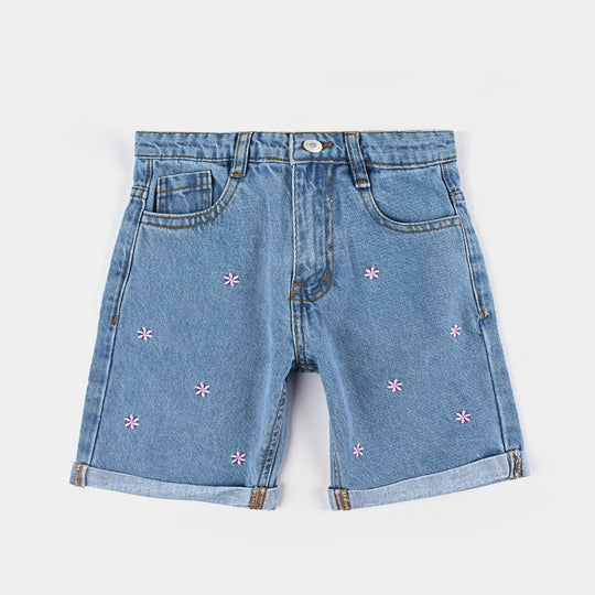 Infant Girls Denim Short Flower-Light Blue