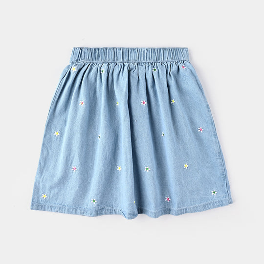 Girls Denim Skirt Floral Embroidery-LIGHT BLUE