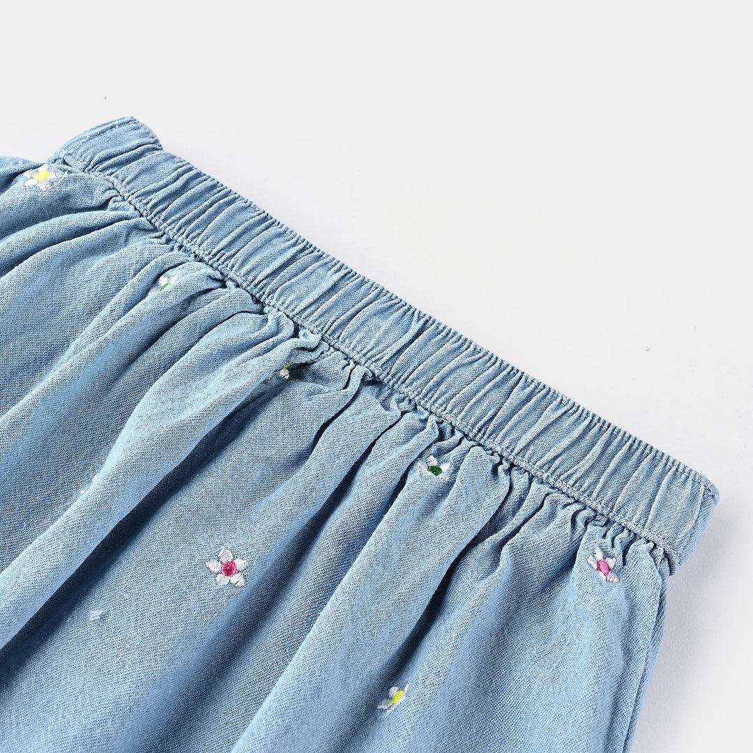 Girls Denim Skirt Floral Embroidery-LIGHT BLUE