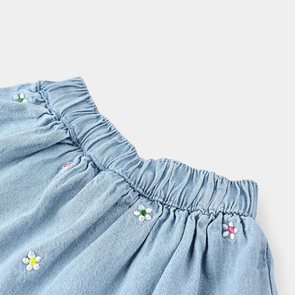 Infant Girls Denim Skirt Floral Embroidery-Light Blue