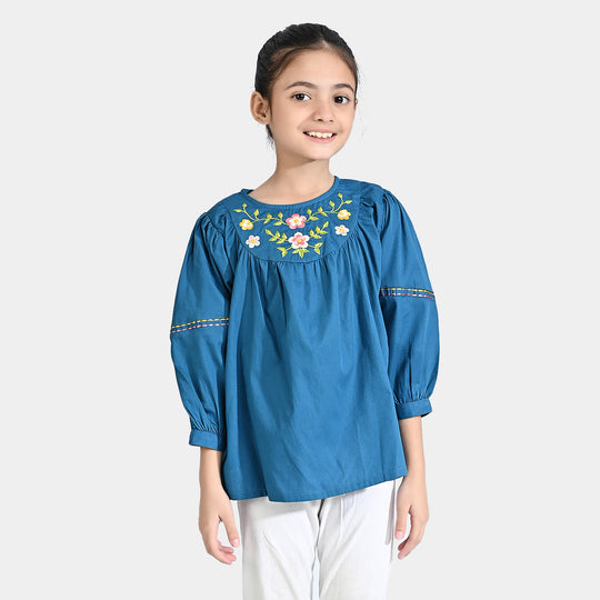 Girls Cotton Poplin Emb Top Sea Port-Navy Blue