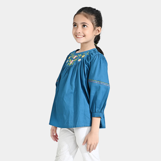 Girls Cotton Poplin Emb Top Sea Port-Navy Blue