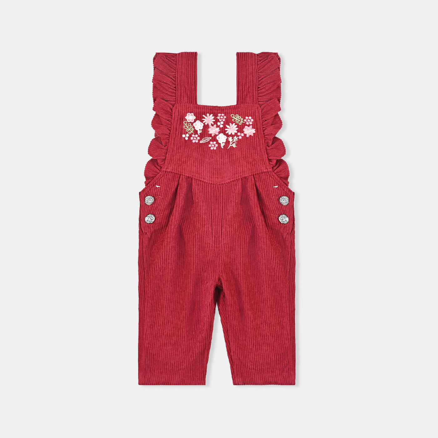 Infant Girls Corduroy Dangri Floral Yoke-Burgendy