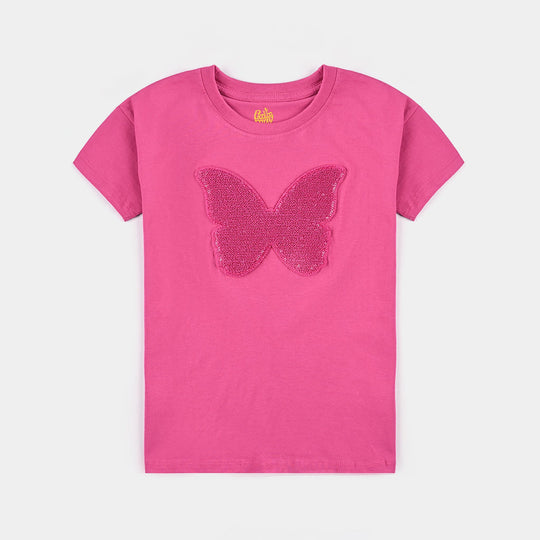 Girls Cotton Jersey T-Shirt H/S Butterfly-Fuchsia