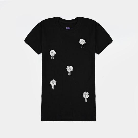 Girls Cotton Rib T-Shirt H/S Flowers-BLACK