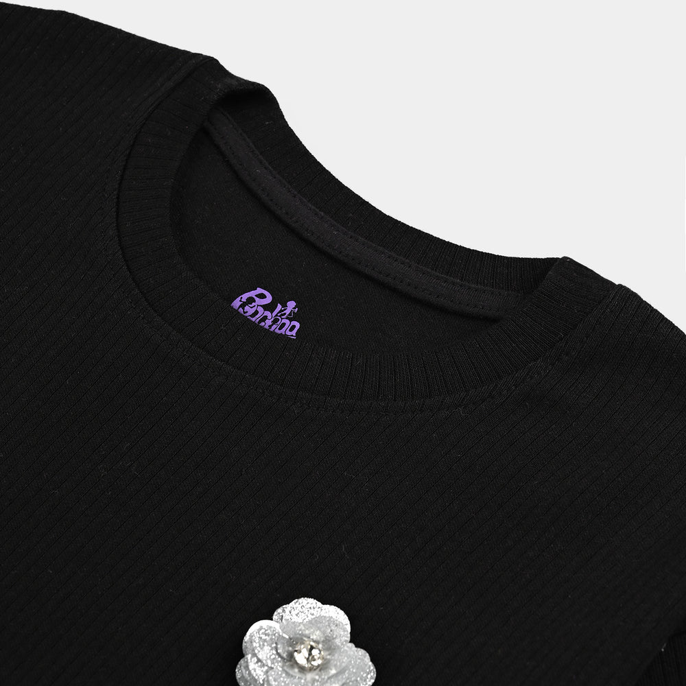 Girls Cotton Rib T-Shirt H/S Flowers-BLACK