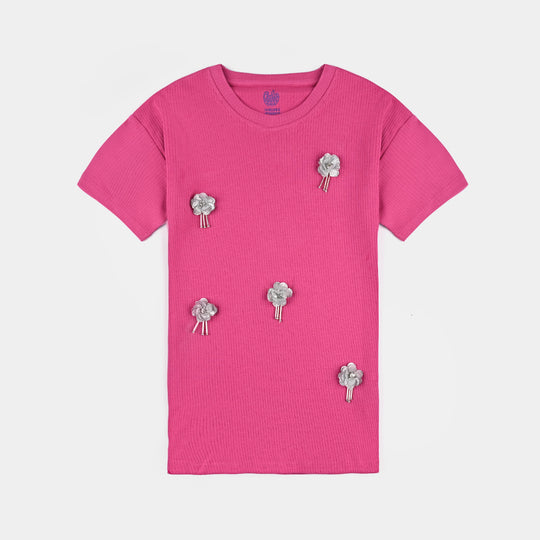 Girls Cotton Rib T-Shirt H/S Flowers-Fuchsia