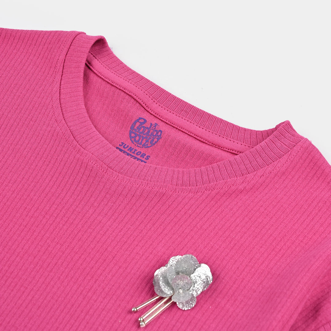 Girls Cotton Rib T-Shirt H/S Flowers-Fuchsia