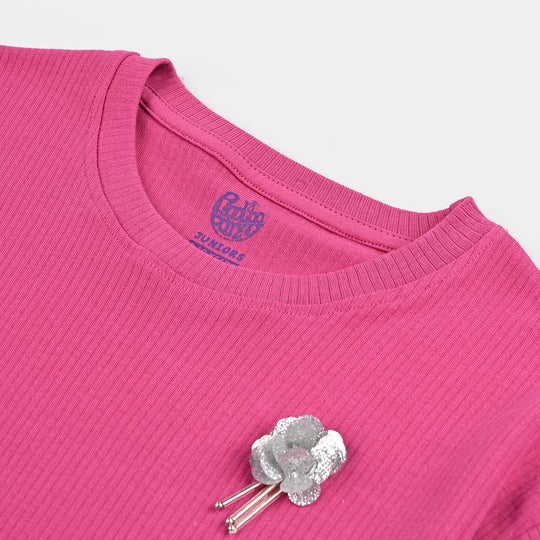 Girls Cotton Jersey T-Shirt H/S Flowers-Fuchsia