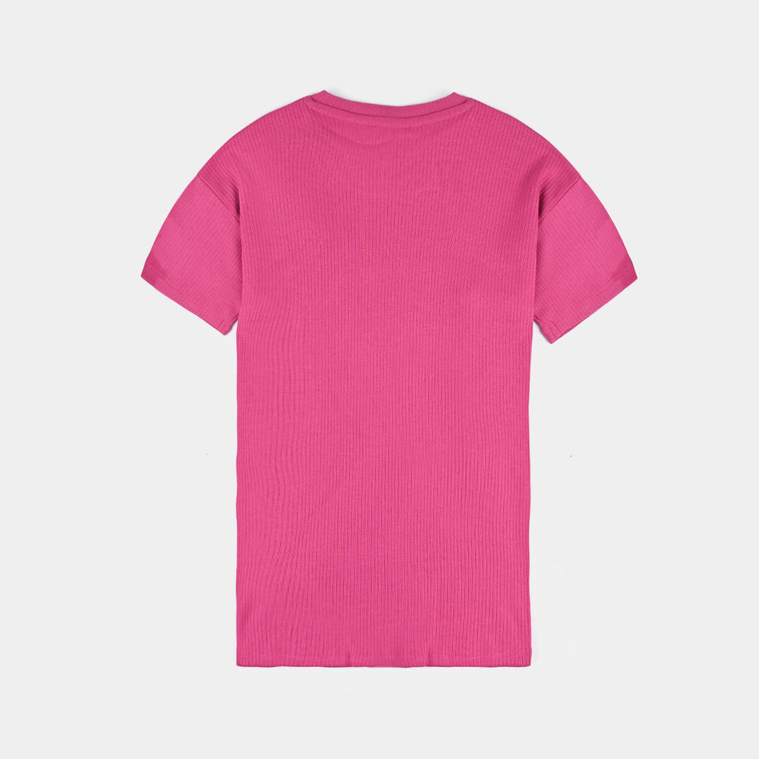 Girls Cotton Rib T-Shirt H/S Flowers-Fuchsia