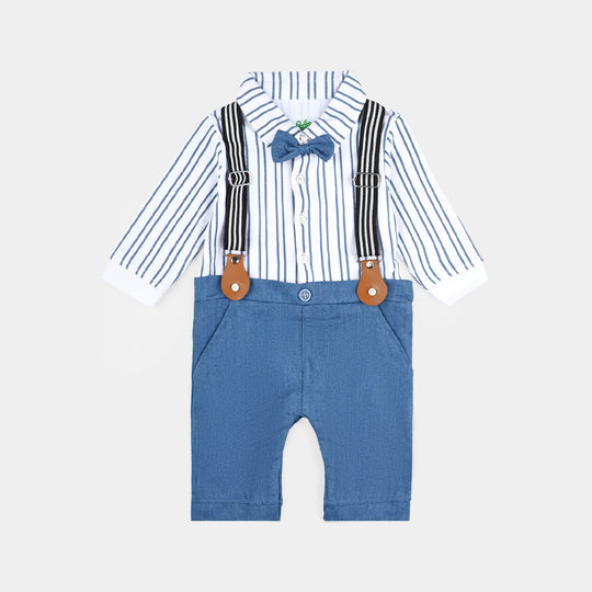 Infant Boys Cotton Interlock Romper Formal Stripes-Wht.Blue