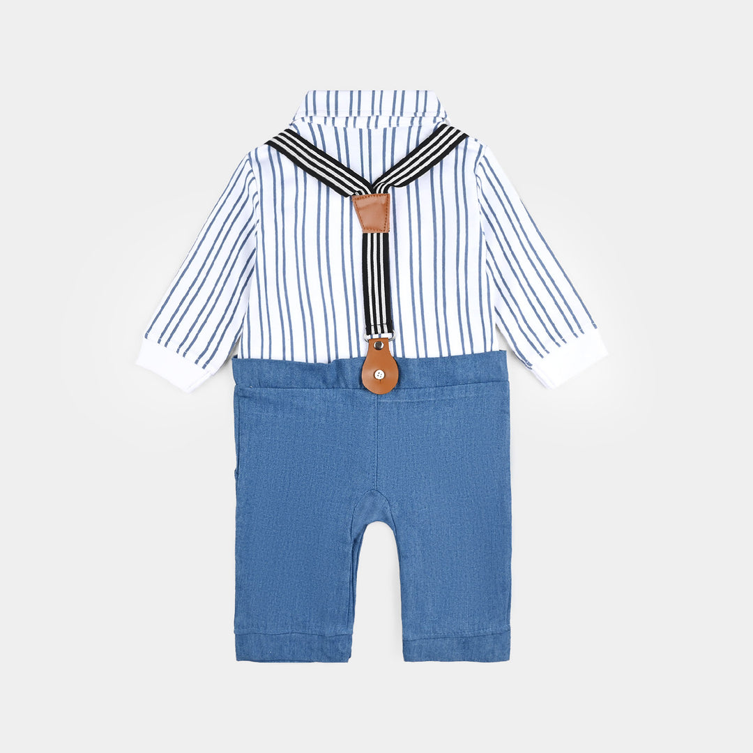 Infant Boys Cotton Interlock Romper Formal Stripes-Wht.Blue