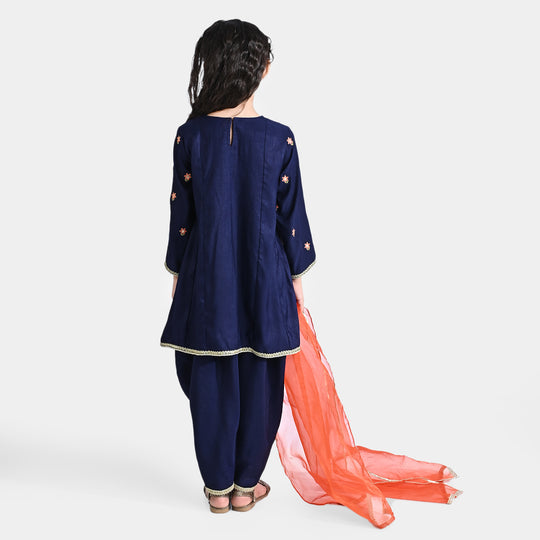 Girls Raw Silk 3 Pcs Umang - Navy Blue