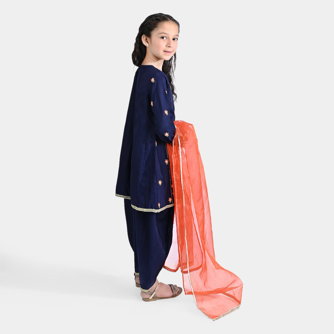 Girls Raw Silk 3 Pcs Umang - Navy Blue