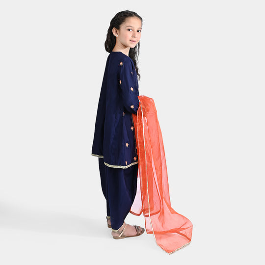 Girls Raw Silk 3 Pcs Umang - Navy Blue