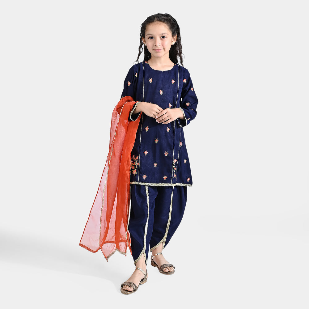 Girls Raw Silk 3 Pcs Umang - Navy Blue