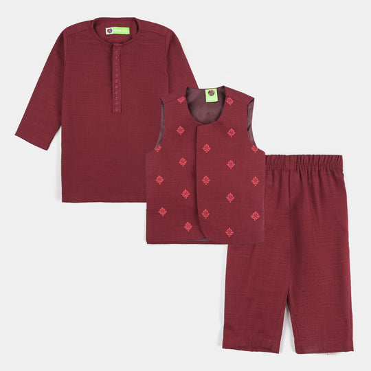 Infant Boys Cotton Slub 3 Piece Suit (Tone On Tone)-MAROON