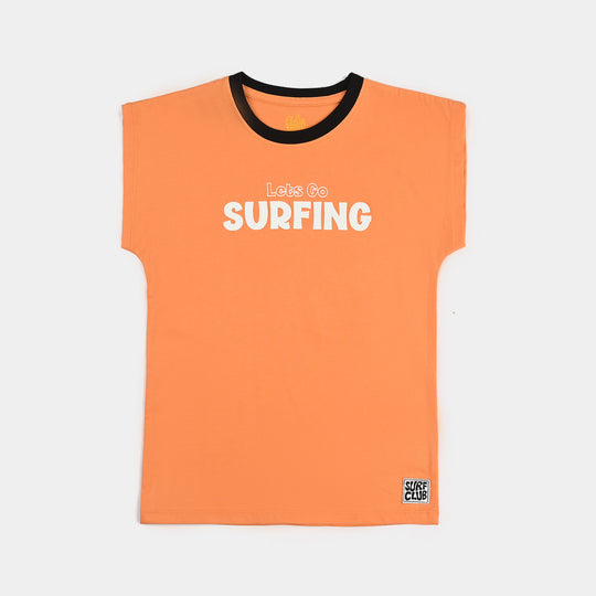 Boys Cotton Jersey Sando Lets Go Surfing-Orange