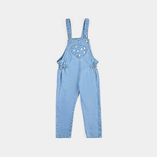 Girls Denim Rigid Dungaree Bear Flower-LIGHT BLUE