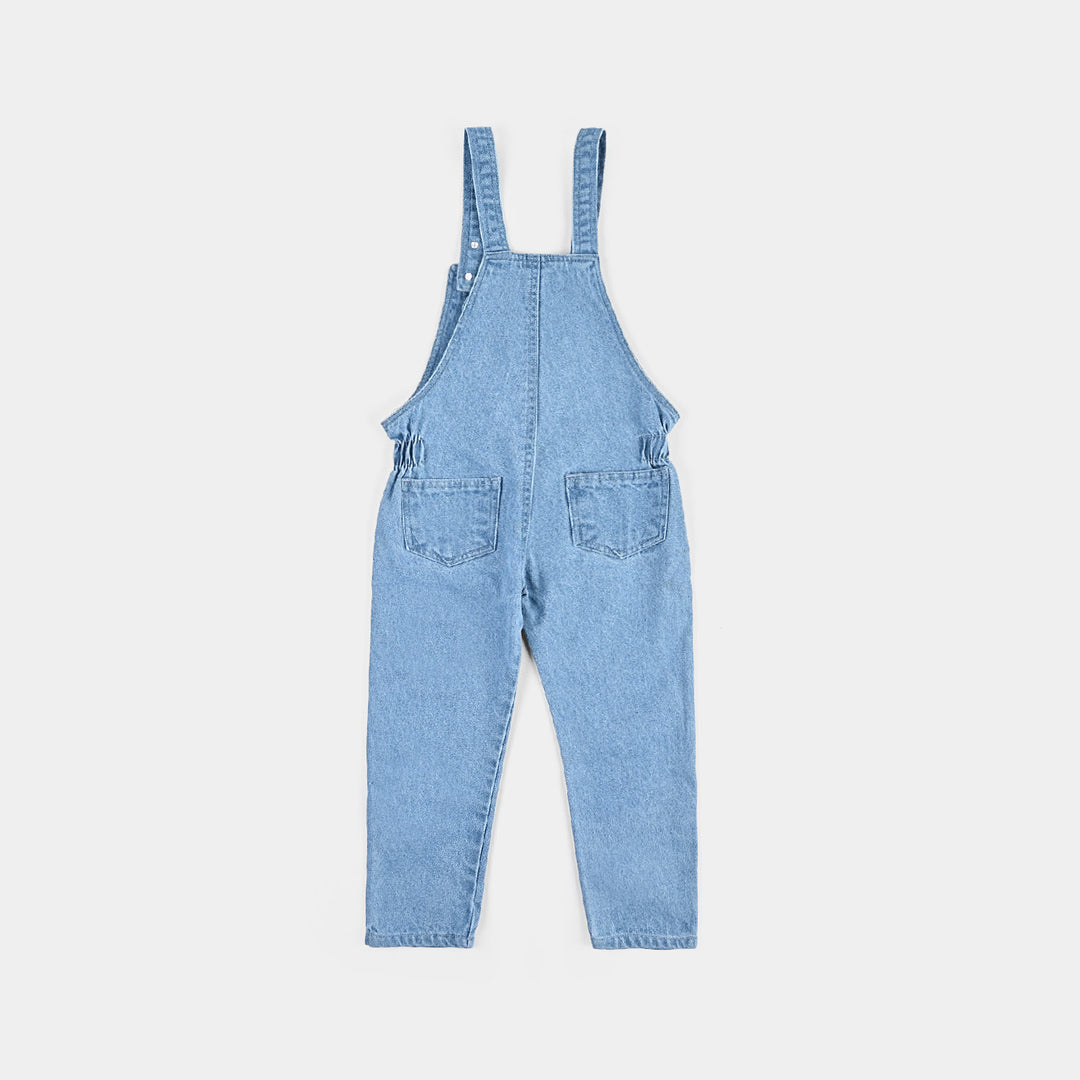 Girls Denim Rigid Dungaree Bear Flower-LIGHT BLUE