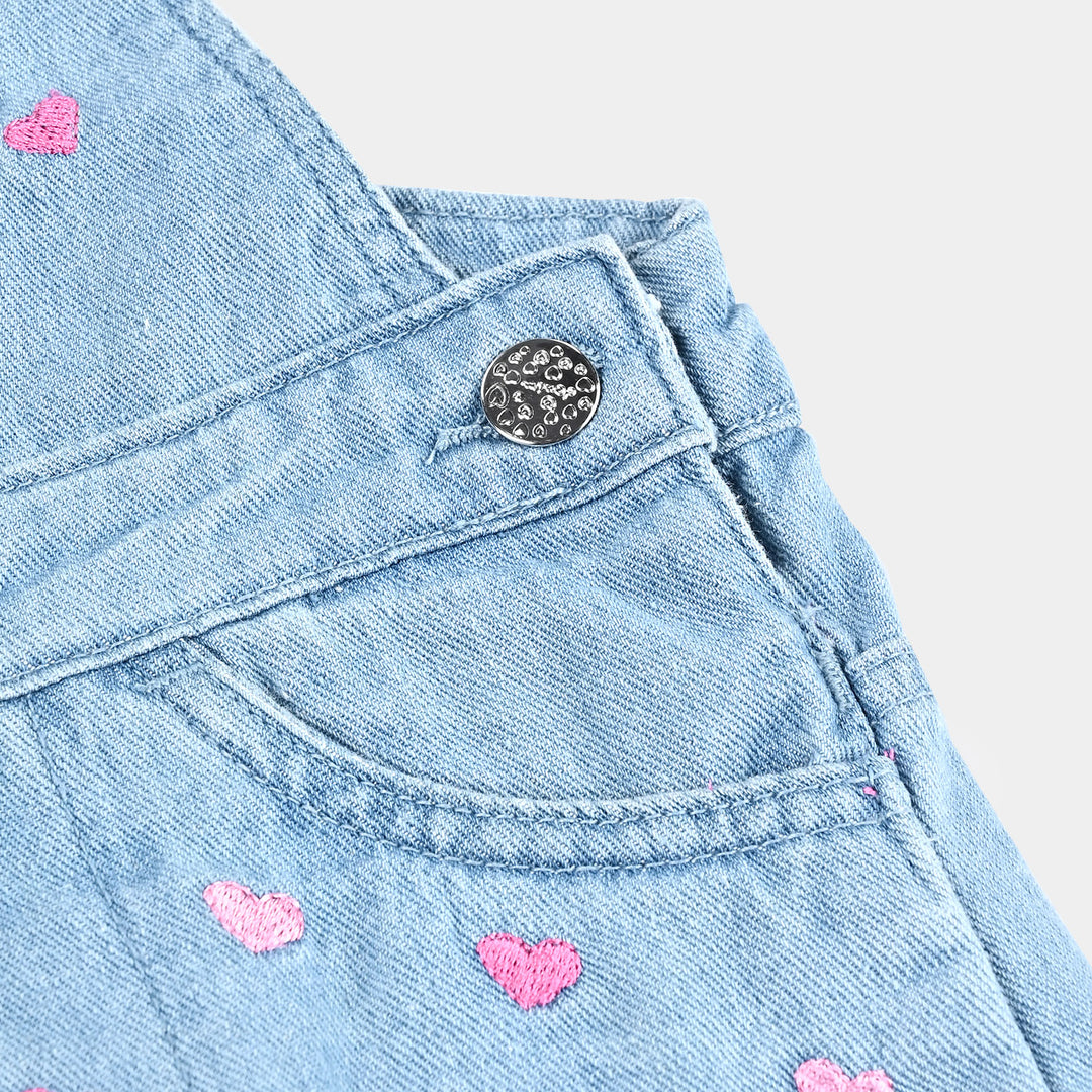 Girls Denim Rigid Dungaree Hearts-Ice Blue