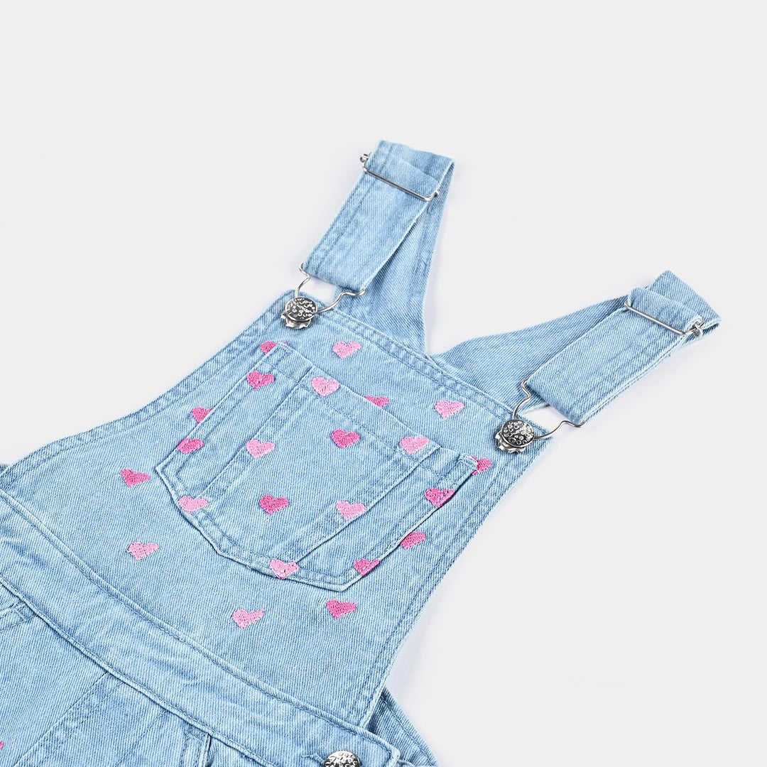 Girls Denim Rigid Dungaree Hearts-Ice Blue