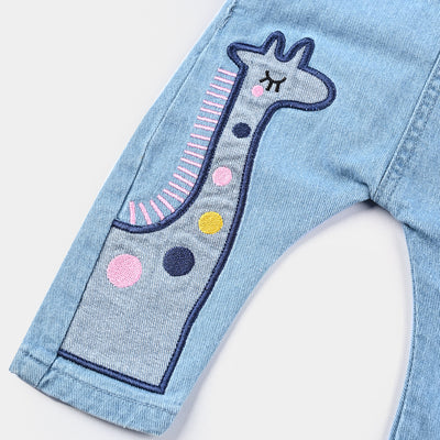 Infant Girls Denim Rigid Cute Giraffe Dungaree - Mid Blue