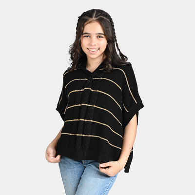 Girls Acrylic Poncho Gold Stripe-Black/Gold