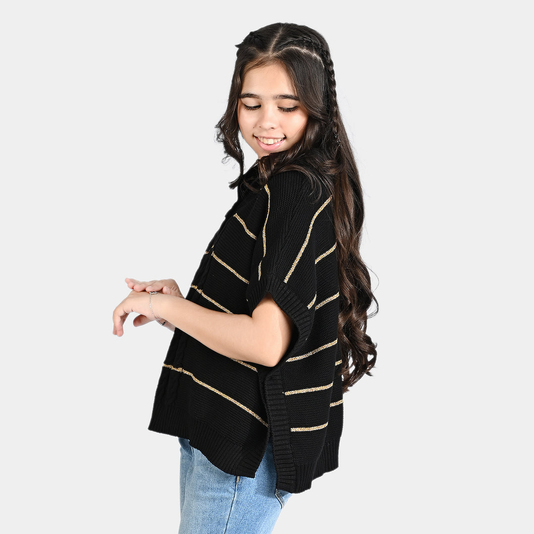 Girls Acrylic Poncho Gold Stripe-Black/Gold