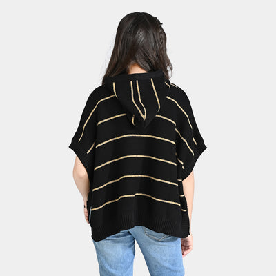 Girls Acrylic Poncho Gold Stripe-Black/Gold