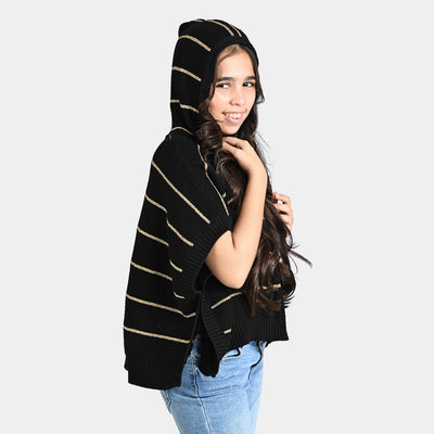 Girls Acrylic Poncho Gold Stripe-Black/Gold