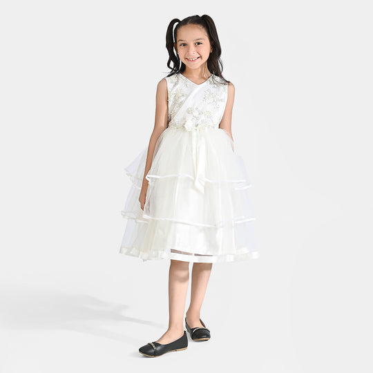 Girl Net Fancy Frock Little Beauty-White