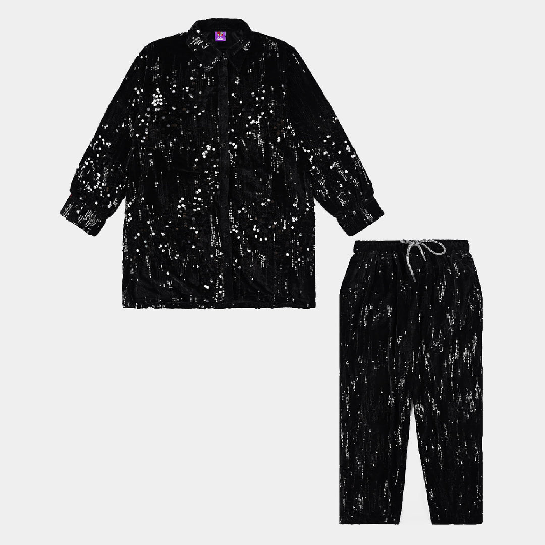 Girls Velvet Co-ord Set Tone Sequins-BLACK